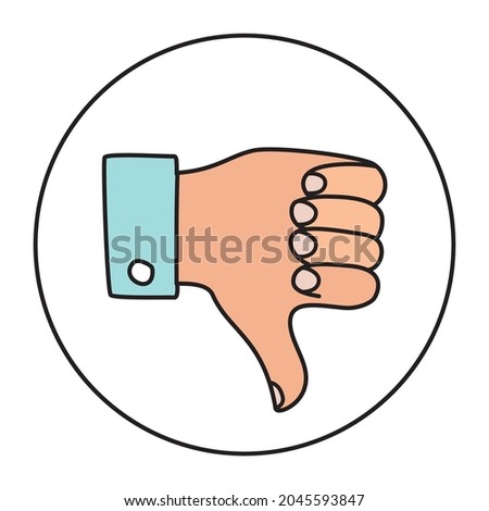 Doodle thumbs down icon or logo, hand drawn gesture symbol in line art style with coloration. Dislike, downvote. Vector illustration