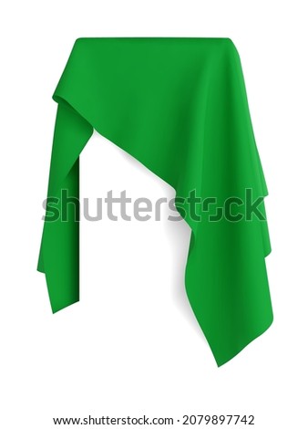 Green fabric covering a blank portable tablet pad gadget,. Consept of new release, unveiling, presenting next generation tech, Vector illustraion, isolated on white