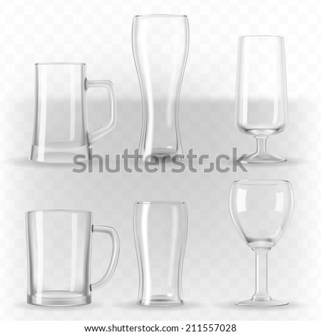 Set of photo-realistic transparent beer and water glasses, mugs and goblets. Vector illustration.