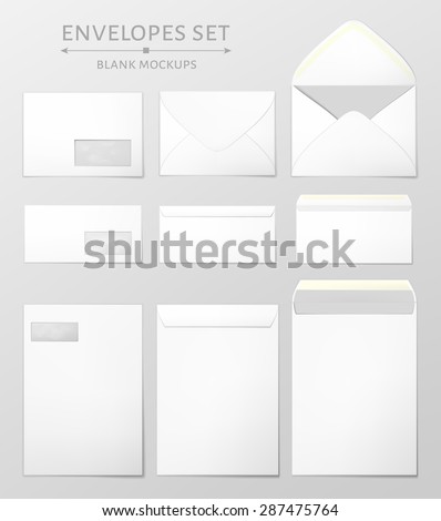 Three white envelopes set. Blank mockups in three views, front and back, open and closed. Transparent window in the front of each envelope can be removed. Full and folded A4 size. Vector illustration.