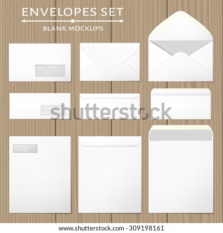 Three white envelopes set. Blank mockups in three views, front and back, open and closed. Transparent window in the front of each envelope can be removed. Full and folded A4 size. Vector illustration.