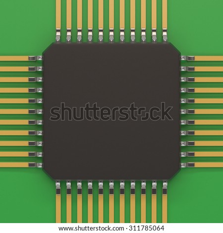 Microchip unit on green plate. Computer chipset circuit. Computer hardware parts concept. Technology, electronic industry, research and development, future gadgets concept.