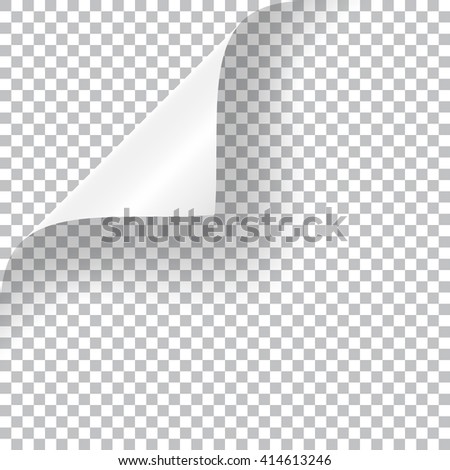 Curly Page Corner realistic illustration with transparent shadow. Ready to apply to your design. Graphic element for documents, templates, posters, flyers. Vector illustration.