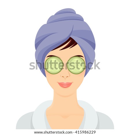 Woman getting spa treatment. Smiling girl portrait with eyes mask. Vector illustration