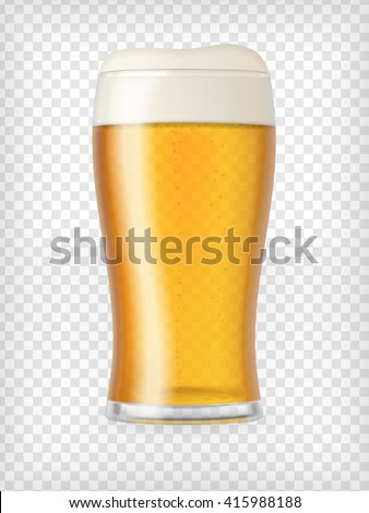 Realistic glass filled with light lager beer with bubbles and foam. Transparent vector illustration