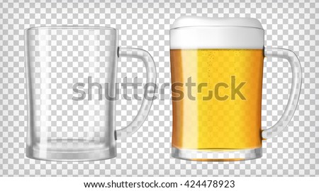 Two beer mugs, one empty and one full. Lager beer. Transparent realistic elements.Ready to apply to your design. Vector illustration.