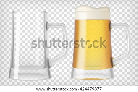 Two beer mugs. An empty glass and a full glass. Mug full with blond beer with foam. Transparent realistic elements. Ready to apply to your design. Vector illustration.