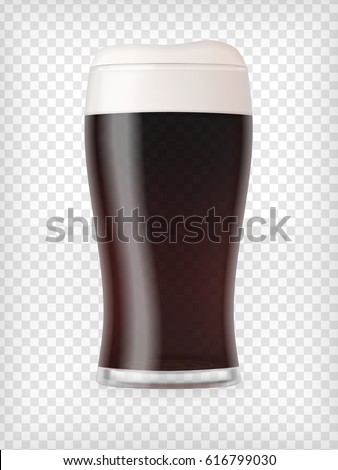 Realistic glass filled with dark stout beer with bubbles and foam. Transparent vector illustration