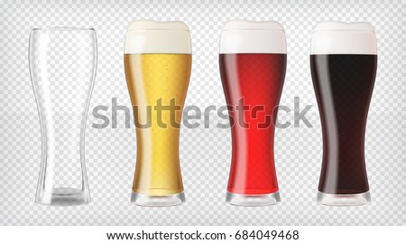 Realistic glasses filled with red, dark, blond beer with bubbles and foam and an empty glass. Transparent vector illustration