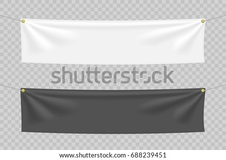 Black and white textile banners with folds. Blank hanging fabric mockup set. Graphic design elements for advertising, web site, flyers, posters, sale announcement. Empty template. Vector illustration