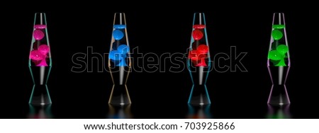 Set of four lava lamps. 70-ies style concept. Pink, red, blue and green lava lamps on black background with reflection. Graphic design elements for flyer, poster, invitation. Realistic 3D illustration Imagine de stoc © 