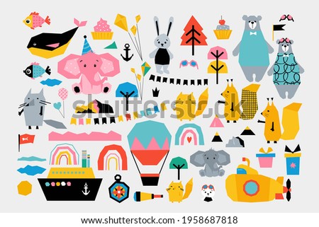 Children's set with cute animals travelers . Vector collage  cut edges style