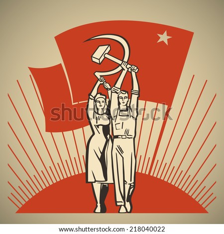 Happy man and woman together holding in their hands labor tools hammer and sickle on the background of the rising sun and waving socialism flag vector illustration