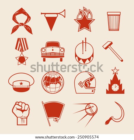 Set of various soviet style design vector elements, symbols, icons and emblems isolated on white background. Russian socialistic culture retro collection