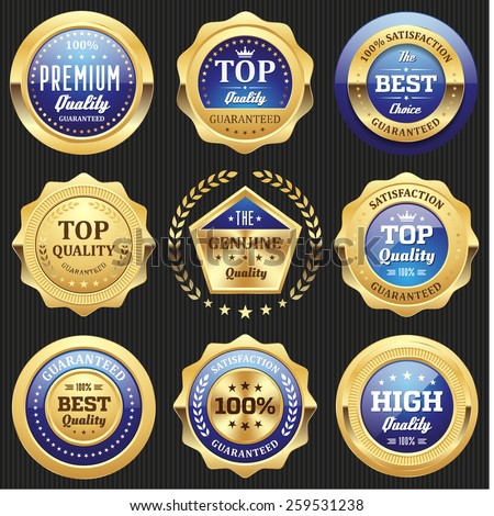 Collection of blue top quality badges with gold border