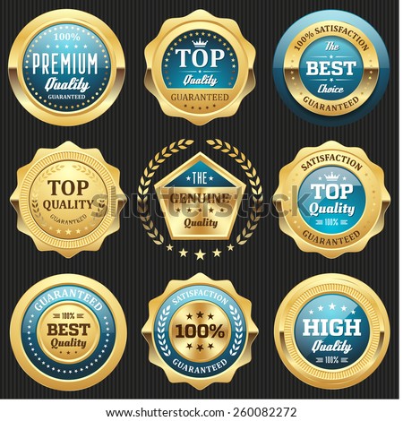 Collection of light blue top quality badges with gold border