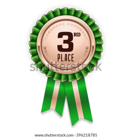 Bronze 3rd place rosette, badge with green ribbon on white background