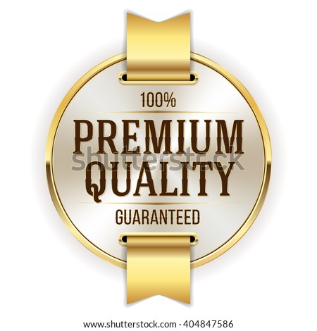 Gold premium quality badge, rosette with ribbon on white background