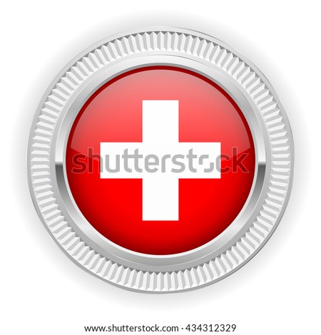 Swiss flag buttons with silver border on white background