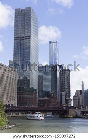 CHICAGO, ILLINOIS - SEPTEMBER 15: View of skyscrapers from Chicago River on September 15, 2012 in Chicago, Illinois. The river runs through the city, including its center (the Chicago Loop)