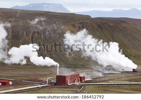 Icelandic landscape with geothermal plant. Horizontal.