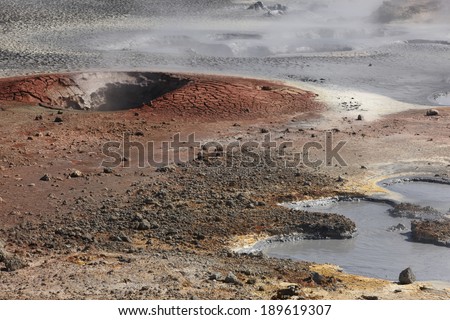 Icelandic colorful landscape with boiling water and steam emerging.