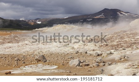 Iceland landscape. Krafla. Active volcanic zone. Hot volcanic rocks.