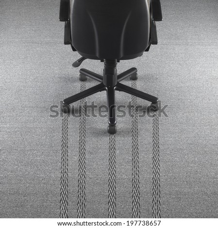 Office chair with tire marks in the carpet. Horizontal