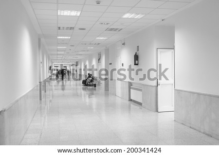 Hospital corridor in black and white. Horizontal format