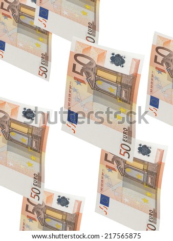 Fifty euro bills collage isolated on white. Vertical format