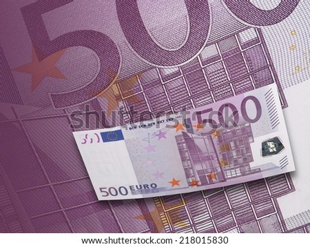 Five hundred euro bill collage in purple tone. Horizontal format