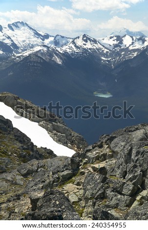 Whistler landscape with mountain and lake. British Columbia. Canada. Vertical