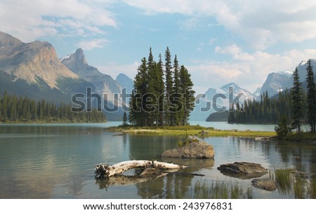 Canadian landscape with Spirit island. Jasper. Alberta. Horizontal