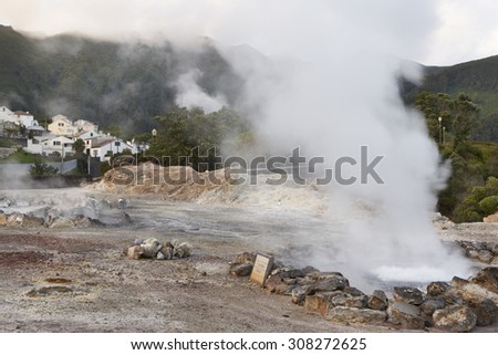 Hot spring waters in Furnas, Sao Miguel. Azores. Portugal. Vertical