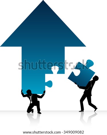 Jigsaw Arrow-Abstract corporate concept of two person putting up a large arrow