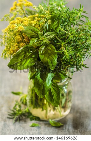 Bunches of assorted fresh herbs close up