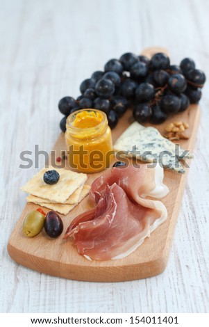 Appetizer with ham, cheese and fruits
