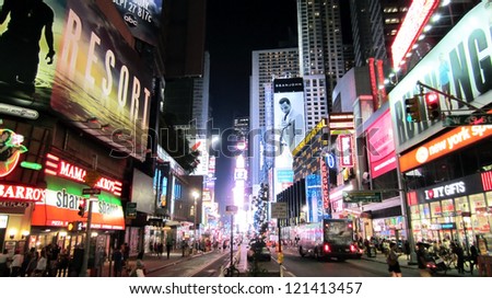 NEW YORK CITY - AUGUST 16: Times Square, featured with Broadway Theaters and animated LED signs, is a symbol of New York and the United States, August 16, 2012 in Manhattan