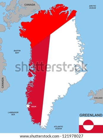 very big size greenland political map with flag