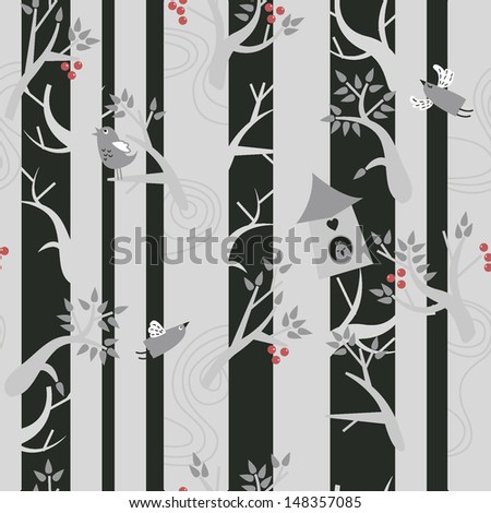 Vector illustration. Birds in the forest. Seamless pattern.