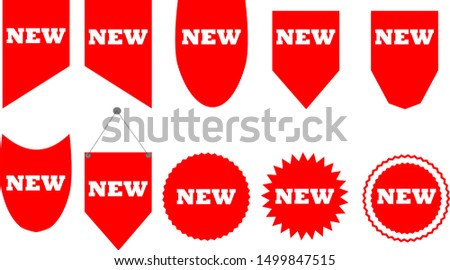 Set of new sticker. Badges with word new. Red promotion labels for arrivals shop section. Flat style cartoon. Vector illustration. 