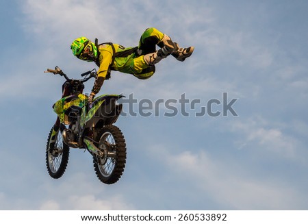 KHABAROVSK - AUG 23: A professional rider at the FMX (Freestyle Motocross) competition at open performances on August 23, 2014 in Khabarovsk, Russia