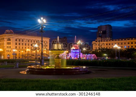 KHABAROVSK - JUL 26: Illuminated fountains on the main square of Khabarovsk - Lenin Square at night on July 26, 2015 in Khabarovsk, Russia