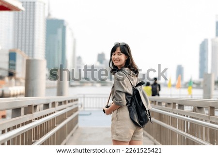 Similar – Image, Stock Photo woman with backpack traveling on a windy mountain adventure