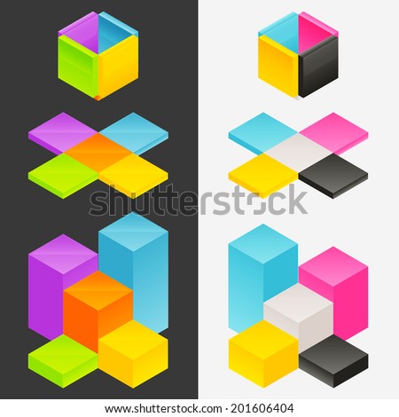 Unfolding orthographic cube shape as a set of infographic vector elements