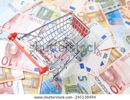 Tiny shopping cart over the surface covered with the multiple euro bank note bills