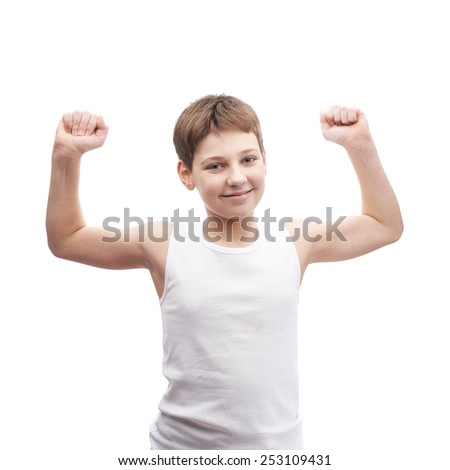 Happy young boy in a sleeveless white shirt stretch himself after sleep, composition isolated over the white background