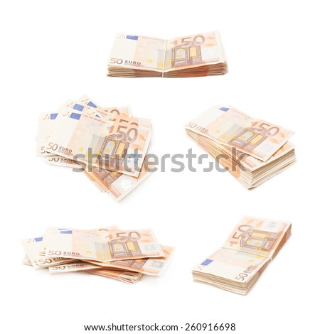 Stack pile of fifty euro bank notes isolated over the white background, set of multiple different foreshortenings