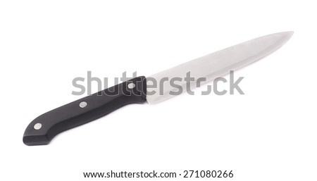 Steel kitchen knife with the black plastic handle isolated over the white background