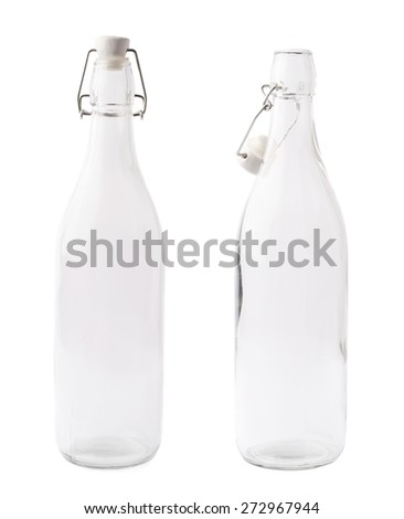 Empty glass bottle with the wire attached ceramic cap isolated over the white background, set of two images, closed and opened versions ストックフォト © 